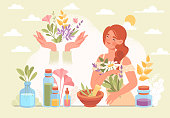 Herbal medicine and homeopathy healthcare and health treatment concept. Using healing power of nature plants and flowers. Organic cure and aromatherapy. Flat cartoon vector illustration