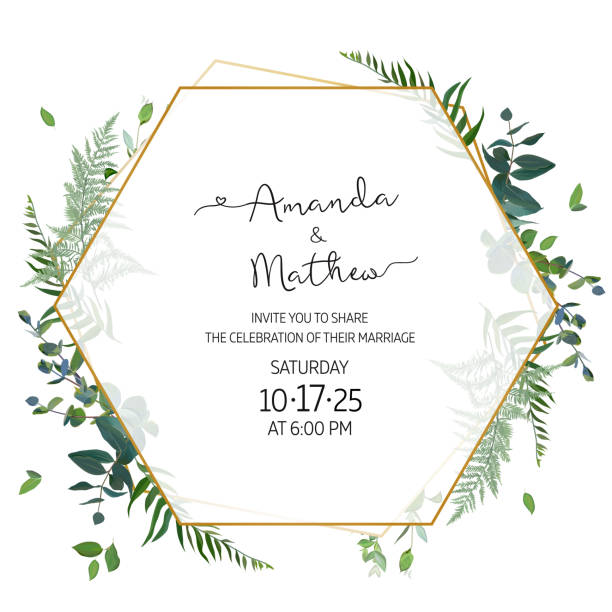 Herbal minimalist geometric vector frame Herbal minimalist geometric vector frame. Hand painted plants, branches, leaves on white background. Greenery wedding invitation. Watercolor style. Gold line art.All elements are isolated and editable wedding borders stock illustrations