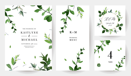 Herbal minimalist vector frames. Hand painted branches, leaves on white background. Greenery wedding simple invitations. Watercolor stylish botanic cards. All elements are isolated and editable