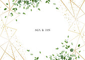 Herbal minimalistic horizontal vector frame.Hand painted plants, branches, leaves on white background.Greenery wedding invitation. Watercolor style.Gold line art.All elements are isolated and editable