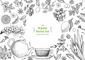 istock Herbal Tea shop frame vector illustration. Vector design with herbal tea ingredients. Hand drawn sketch collection. Engraved style. 1320545891