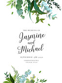 Herbal vector frame. Hand painted plants, branches, leaves on white background. Greenery botanical wedding invitation. Watercolor style. Natural card design. All elements are isolated and editable.