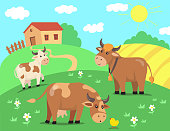 istock Herd of cow characters with chicken on hill in front of house 1322719313