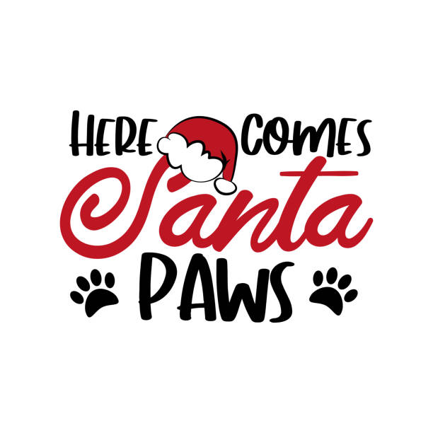 bildbanksillustrationer, clip art samt tecknat material och ikoner med här kommer santa paws - söt jul text med tass tryck. - cat snow