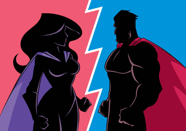 Hero versus Heroine Silhouette Cartoon silhouette illustration of a superhero facing superheroine. divorce silhouettes stock illustrations