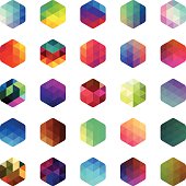 Multi coloured hexagon mosaic buttons. Isolated on white. Eps8.