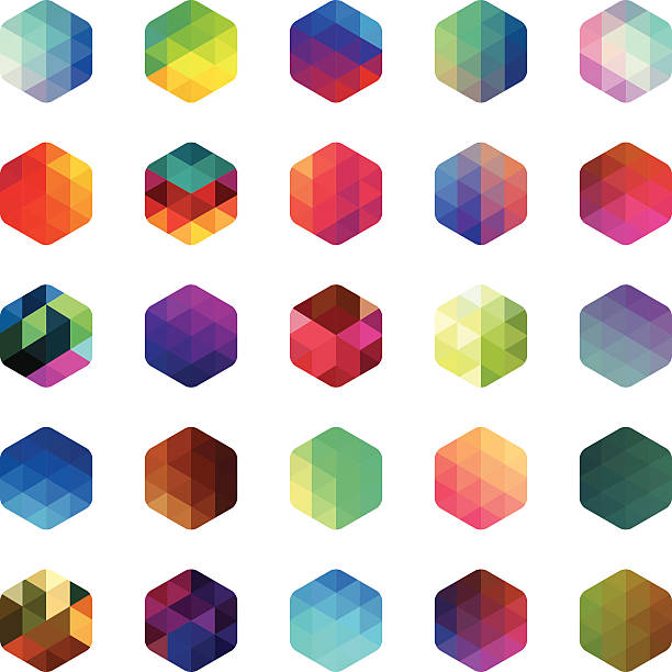 Hexagon colourful mosaic buttons Multi coloured hexagon mosaic buttons. Isolated on white. Eps8. hexagon stock illustrations