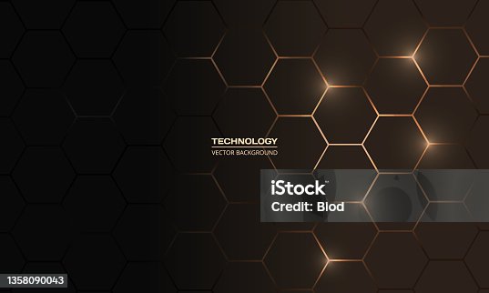 istock Hexagon technology black and gold colored honeycomb abstract background. 1358090043