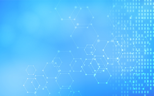 Hexagonal and rectangular abstracts with a digital network image, blue gradient background