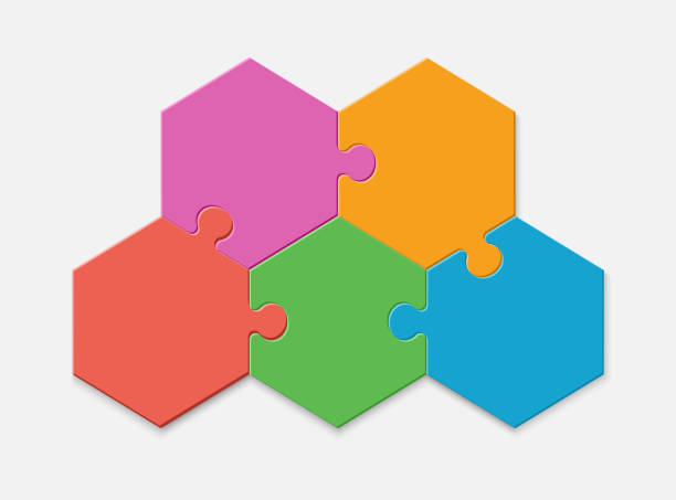 Hexagonal puzzles 1 Five pieces of a hexagon puzzle. Hexagonal mosaic infographics. five people stock illustrations