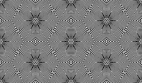 Hexagonal seamless pattern of black lines and shapes. Pulsating repeatable texture in optical art style.