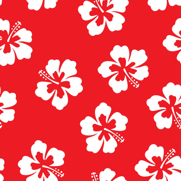 Vector illustration of hibiscus flowers in a repeating pattern against a red background.