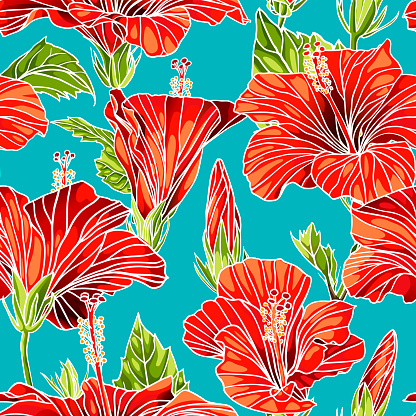 Hibiscus red flowers seamless pattern