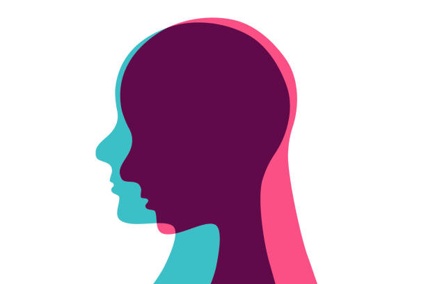 Hiding sadness Depression concept. Two human heads of different color overlaping. Flat outline icon. mental health awareness stock illustrations