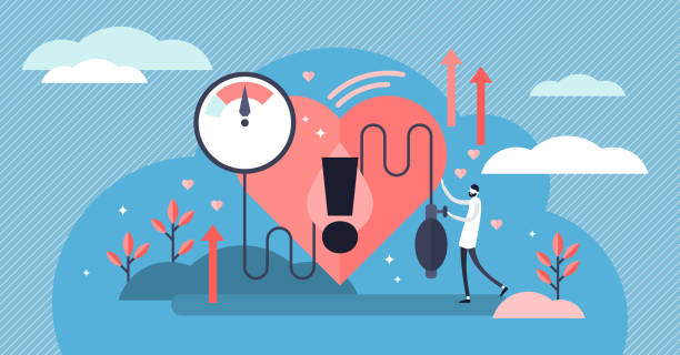ilustrações, clipart, desenhos animados e ícones de ilustração elevada do vetor da pressão sanguínea. conceito minúsculo das pessoas da doença cardíaca - hipertensão