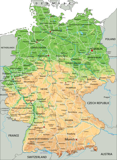 высокая детальная физическая карта германии с маркировкой. - dortmund stock illustrations