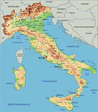 High detailed Italy physical map.