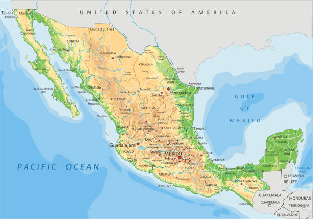 etiketleme ile yüksek detaylı meksika fiziksel harita. - tijuana stock illustrations
