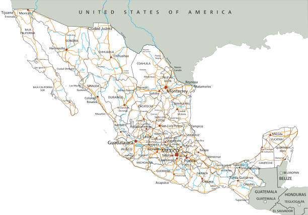 wysoka szczegółowa mapa drogowa meksyku z etykietowaniem. - tijuana stock illustrations
