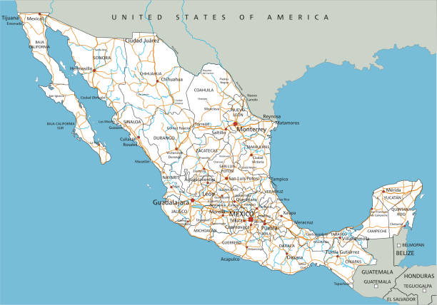 高詳細的墨西哥路線圖與標籤。 - tijuana 幅插畫檔、美工圖案、卡通及圖標
