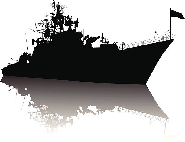 High detailed ship silhouette Soviet (russian) guided missile destroyer silhouette. Vector on separate layers destroyer stock illustrations