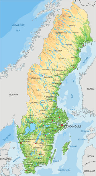 etiketleme ile yüksek detaylı isveç fiziksel haritası. - sweden stock illustrations