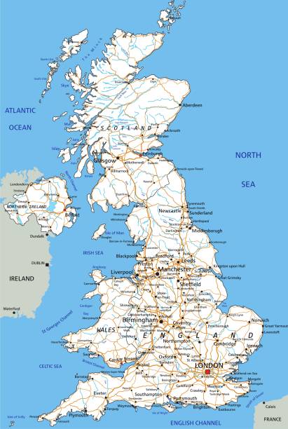 etiketleme ile yüksek detaylı birleşik krallık yol haritası. - manchester united stock illustrations