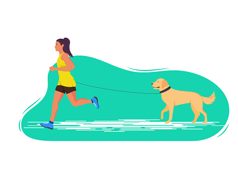 High detailed vector illustration of young girl running outside with dog.