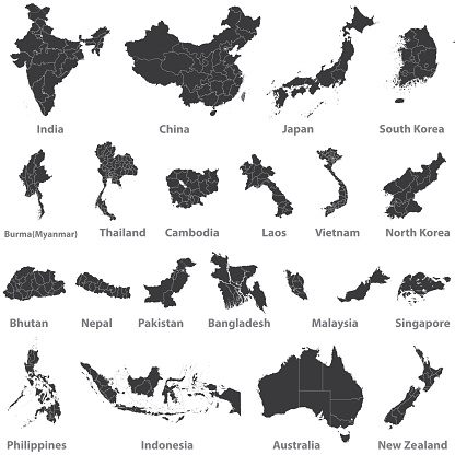 high detailed vector maps of asian countries, Australia and New Zealand