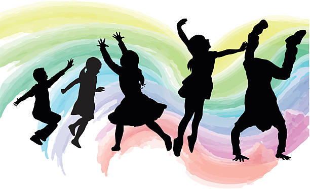 High Energy Kids Watercolor A vector silhouette illustration of a group of high energy children jumping, running, and showing other forms of movement.  They are in front of a pastel rainbow coloured watercolour paint wave pattern background. dancing clipart stock illustrations