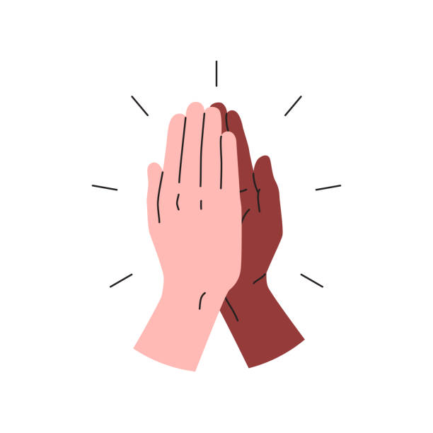 High five icon. Vector illustration of two hands giving a high five for great work. Black and white interracial hands giving high five. People team give hand slapping gesture High five icon. Vector colorful illustration of two hands giving a high five for great work. Black and white interracial hands giving high five. People team give hand slapping gesture high five stock illustrations