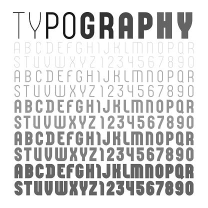 High fonts, alphabet sans serif, five font styles, ultra thin, thin, regular, bold, ultra bold, vector illustration