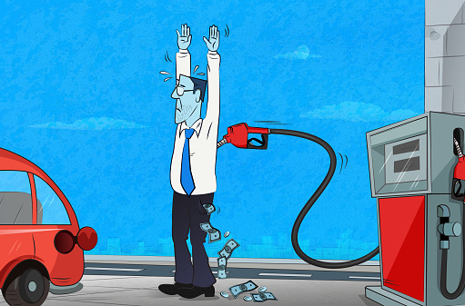 Gas pump that takes the form of a gun robs the man and takes all his money. Caricature about high gas prices. (Used clipping mask)