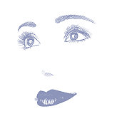 High key Engraving of Woman's eyes and lips with smiling cheerful facial expression