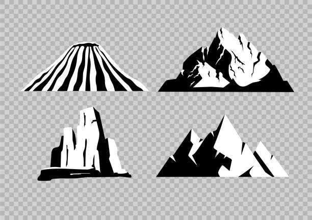 High mountains flat black and white vector objects set High mountains flat black and white vector objects set. Ice peaks. Wild nature landscape elements. Dry desert canyon. 2D isolated cartoon illustrations on white background mountain clipart stock illustrations