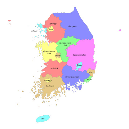 High quality labeled map of with South Korea borders of the regions