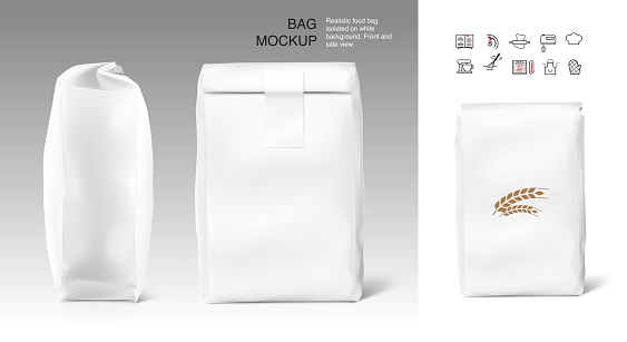 High realistic clean vertical bag mockup with adhesive label.