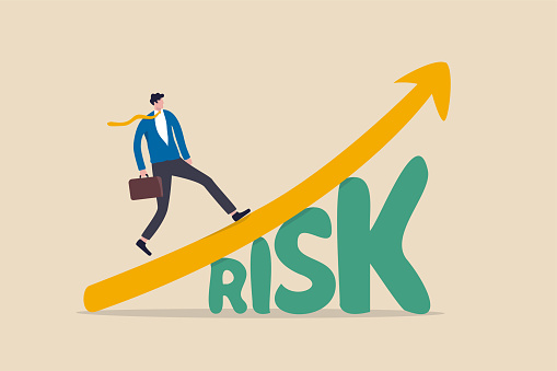 High risk high return stock market investment, trade off of risky investment asset rewarding growth return concept, confident smart investor walking on grow up stock market graph above the word Risk.