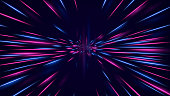 High speed neon hyper jump. Futuristic neon effect flying through space bright dynamic glow red blue lines subspace flight of vector spacecraft to Orion constellation hyperpaint time tunnel.