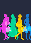 Colourful overlapping silhouettes of female High Street shoppers