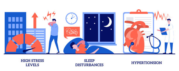 High stress levels, sleep disturbances, hypertension concept with tiny people. Stressful life abstract vector illustration set. Digital overload, mental health, high blood pressure, insomnia metaphor. High stress levels, sleep disturbances, hypertension concept with tiny people. Stressful life abstract vector illustration set. Digital overload, mental health, high blood pressure, insomnia metaphor. chronic pain stock illustrations