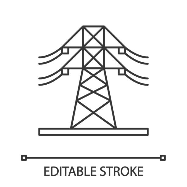 High voltage electric line icon High voltage electric line linear vector icon. Powerline. Electric power pylon. Transmission tower. Editable stroke electricity pylon stock illustrations