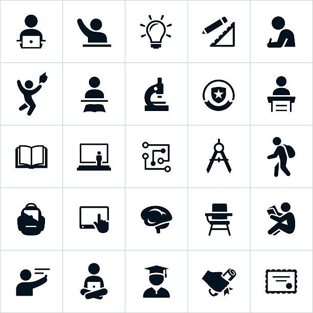 Higher Education Icons Higher education or college and university icons. The icons symbolize several themes and situations college students experience. The icons include students, teachers, learning, studying, areas of study and graduation to name just a few. plant stem stock illustrations