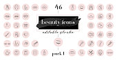 Highlight covers backgrounds. Set of beauty icons. Pack 1. Editable stroke. It is well suited for bloggers, cosmetics ad design and for hairdressers, stylists, spa, beauty salons or cosmetologists.