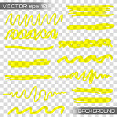 Highlight brush underline hand drawn strokes set. Creative vector illustration of stain strokes, hand drawn yellow highlight japan marker lines, brushes stripes isolated on transparent background.