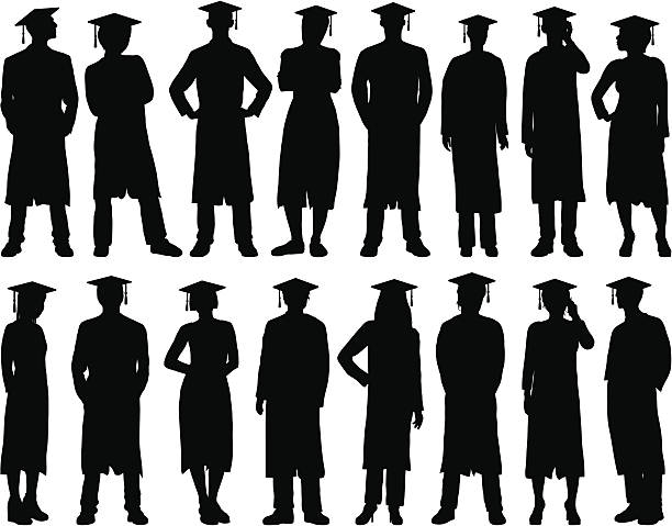Highly Detailed Graduates Highly Detailed silhouettes of graduates. The mortar boards are on a separate layer. graduation silhouettes stock illustrations