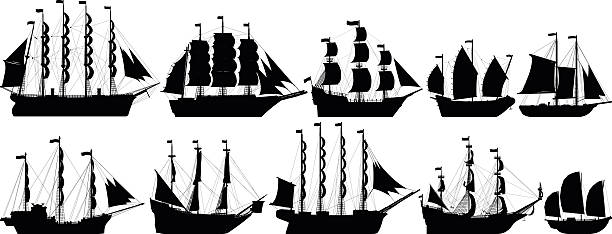 Highly Detailed Old Ships Old ship silhouettes to a high level of detail. galleon stock illustrations