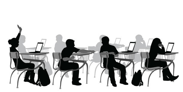 Highschool Laptops Highschool classroom with student at their desk with open laptop computer education silhouettes stock illustrations