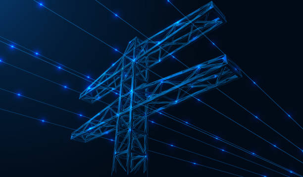 High-voltage power line. High-voltage power line. The tower with its lines of electric current. A low-poly construction of lines and dots. Blue background. fuel and power generation stock illustrations