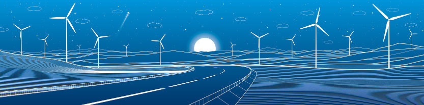 Highway in mountains. Windmills power. Sunset behind the rocks. Night scene. White lines on blue background. Vector design art
